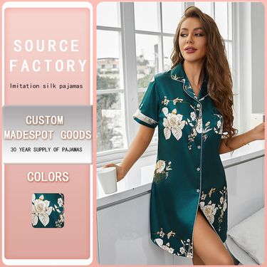 Women's Sleepwears Printed Sexy Casual Shirt Dress Ice Silk Pajamas Nightgown Summer Thin Pajamas Flip_voghion.com