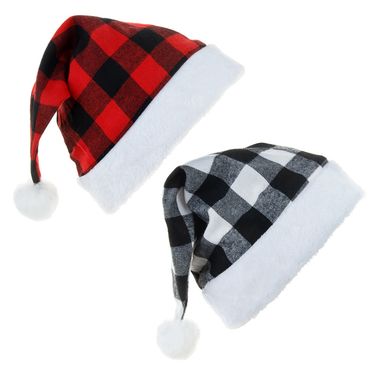 Christmas decorations party holiday hat red black and white plaid plush plaid Christmas hat_voghion.com
