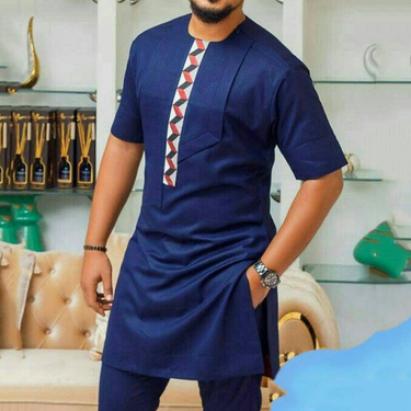 Men's moslem summer youth solid color cotton ethnic style slim fit blue lapel collar ready stock plain men's suit_voghion.com
