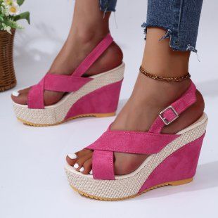 New cross sloping heel waterproof platform sandals, women's denim buckle thick sole beach sandals_voghion.com