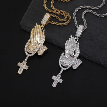 Jin Ao New Hiphop Pendant Full Diamond Cross Hands Together Hip Hop Jewelry Necklace Rap Manufacturer Wholesale_voghion.com