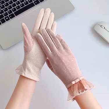 Ladies' Sunscreen Outdoor Driving UV Resistant Lace Gloves, Touch Screen Ice Silk Breathable Anti Slip Gloves_voghion.com