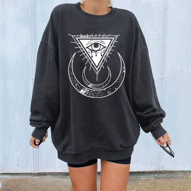 Horror Witch Element Moon Third Eye Off Shoulder Brushed Sweater Round Neck Long Sleeve_voghion.com