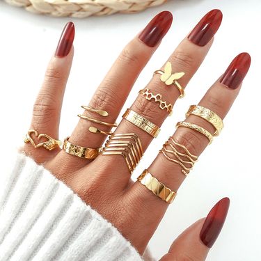 Vintage Ethnic Bohemian Women Stacked Ring Set Fashionable Versatile Butterfly Love Ring Set Personalized Geometric Stacked Joint Ring Multi-piece Set_voghion.com