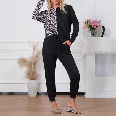 Shiying's new sleeved set autumn and winter round neck's clothing leopard print contrasting long pants pajamas for_voghion.com