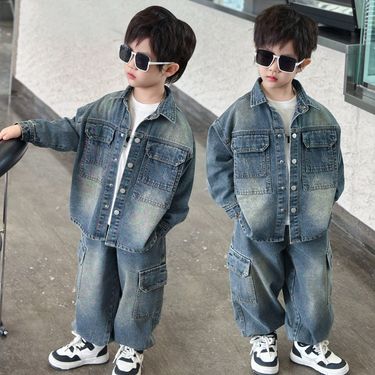 Mother & Kids Denim Suits Cool Handsome Loose Retro Two Piece Suits_voghion.com