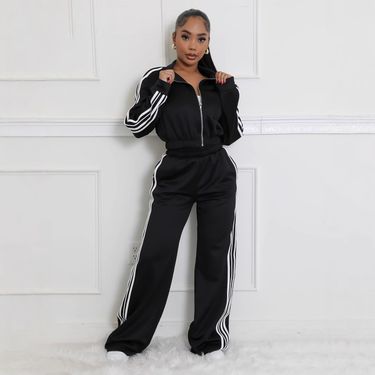 Women's Clothing Striped Suit Zipper Thickened Sweater Casual Commuter Two piece Set _voghion.com