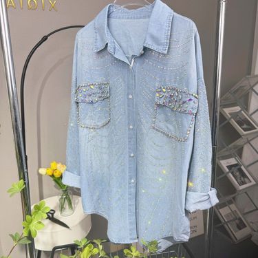 Women's Clothing Early Spring Striped Crystal Hot Diamond Denim Jacket Casual Loose Shirt_voghion.com