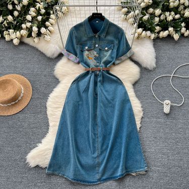 women's dress new summer style heavy embroidery waist slim temperament short-sleeved denim mid-length skirt_voghion.com