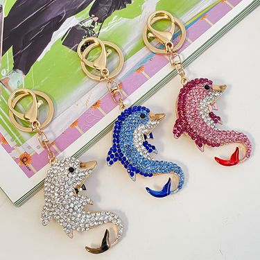 Ocean Series Diamond-encrusted Crystal Dolphin Car Keychain Bag Accessories Pendant Key Chain Gift_voghion.com