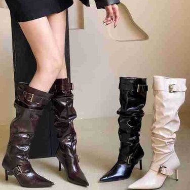 2025 New Autumn Winter Belt Buckle Thin Mid High Heel Long Wrinkled Women's Pile Martin Western Boots_voghion.com