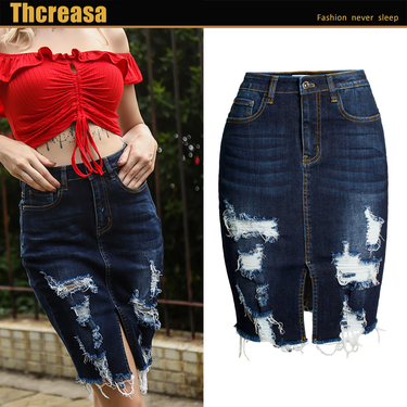 Women's clothing Clothing Clothing Hot Selling Slim Fit Hip Covering Denim Skirt Sexy Frayed Holes_voghion.com