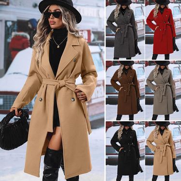 Women's Clothing Elegant Long Wool Coat With Belt & Double Breasted Buttons - Classic Trench Coat For Women & Men, Autumn Winter Fashion Outerwear_voghion.com