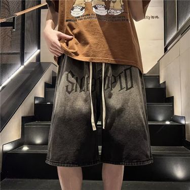 Gradient Wash Denim Shorts Men's Summer Wide-legged Cropped Pants Trendy Brand 2023 New Loose Retro Black Medium Pants_voghion.com