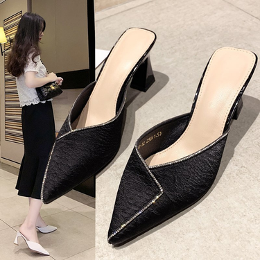 Pointed Toe Rhinestone Mules 2025 Summer New Outdoor High Heels Fashion Chunky Heel Sandals For Women Trendy_voghion.com