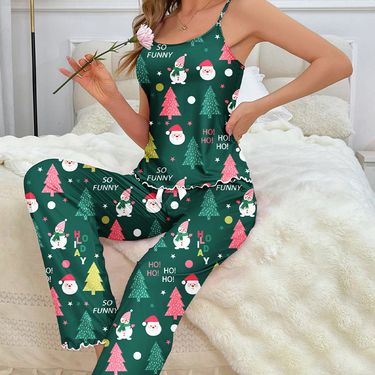 Christmas Sleepwear Set For Women - Sexy Sleeveless Loungewear With Shorts (Santa Tree/Gingerbread/Red Snowman/Checkered/Leopard, S-XXL)_voghion.com