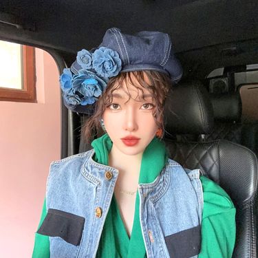 Hot Sale Ladies Fashion Denim Beret Hats Flower Cowboy Vintage Women Retro Casual Painter Female Trendy Spring Autumn Hat_voghion.com