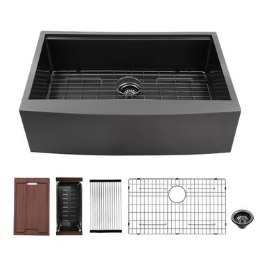 Gunmetal Black Farmhouse Apron Workstation Kitchen Sink,Single Bowl Stainless Steel Kitchen Sink with Strainer_voghion.com