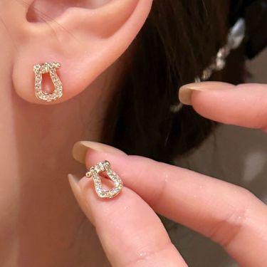 Unisex Horseshoe buckle earrings pure silver full diamond light luxury simple temperament micro inlaid earrings high end exquisite versatile_voghion.com