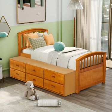 Twin Size Platform Storage Bed Solid Wood Bed with 6 Drawers_voghion.com