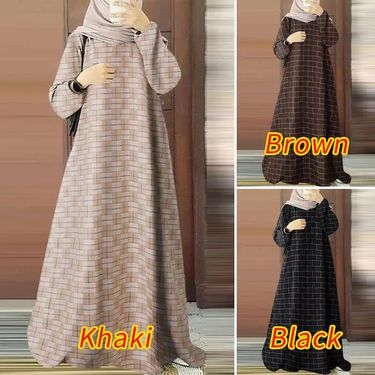 Women's Clothing Plaid Maxi Dress Muslim Fashion Retro Long Sleeve Plaid Robe_voghion.com