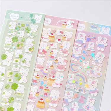 Guka stickers Korean cute rabbit four leaf clover pudding rainbow rabbit hot silver sequins photo DIY star chasing stickers_voghion.com