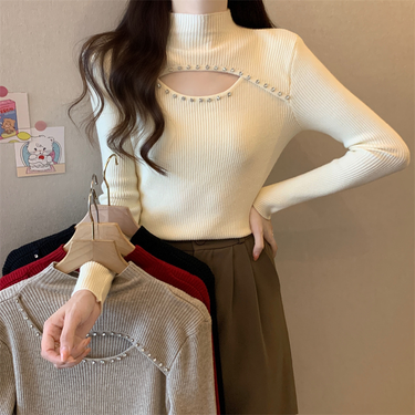 Half high necked sweater for women in autumn winter, trendy and fashionable, studded hollow knit bottom shirt P59_voghion.com