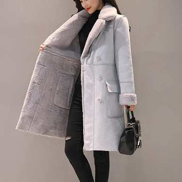 Women's Winter Warm Veet Padded Faux Suede Long Parka Winter Jacket Women's Double-breasted Jacket Slim Solid Lapel_voghion.com