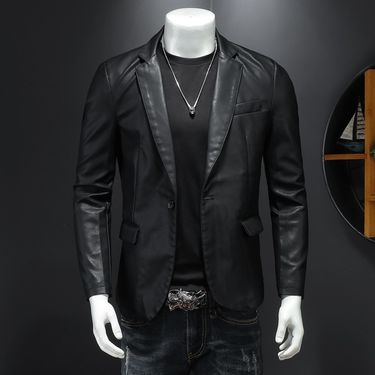 2024 Spring New Men's One Button Casual and Handsome Leather Slim Fit Small Suit Coat_voghion.com