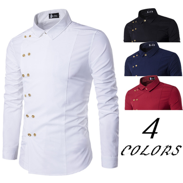 Men's personalized lapel with slanted front and double breasted slim fit, fashionable long sleeved shirt for men_mkmklike.com