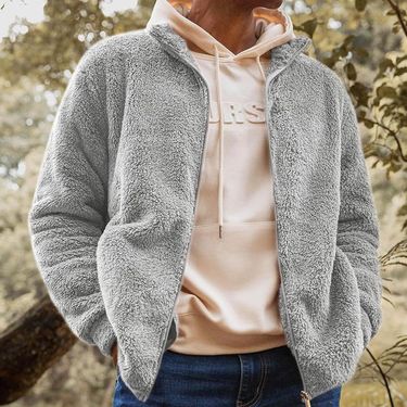 Men's Clothing Casual Plush Jacket Loose Hooded Zipper Solid Color Jacket_voghion.com