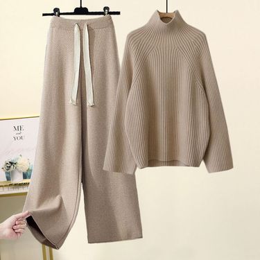 Women's Clothing lazy style suit for women new autumn and winter thickened thick wool knit sweater drape wide leg pants two piece suit_voghion.com
