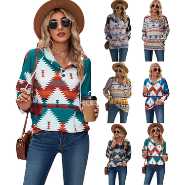 Women's Clothing Pattern Long Sleeve Loose Hoodies Button Pocket Sweatshirts_voghion.com