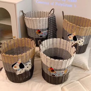 Large Capacity Cute Puppy Rattan Laundry Basket Home Dirty Clothes Storage Bin High-Value Ins Style Bathroom Student_voghion.com