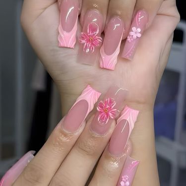 24pcs French Ombre Blush Nail Tips With 3D Stripes & Gold Flakes - Detachable Press-On Nails For Women, Sweet & Glamorous Design_voghion.com