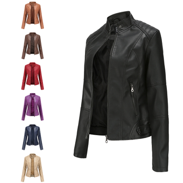 European Women's Slim Fit Thin Spring Autumn Coat Ladies Motorcycle Plus Size Stand Collar Leather Jacket_voghion.com