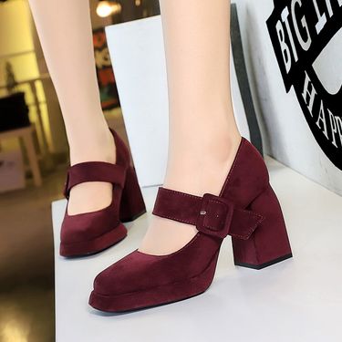 9613-6 style high thick heels, waterproof platform, suede, straight line with belt buckle, shallow mouth Mary Jane_voghion.com