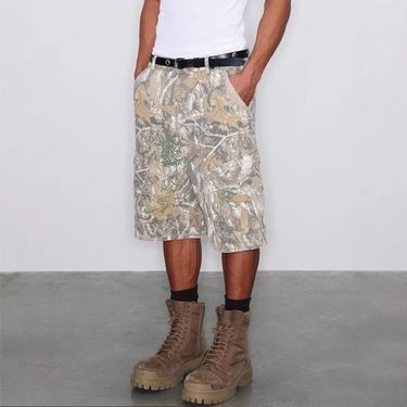 European And American Cross Border Retro Street Harajuku Leaf Camouflage Print Loose Workwear Casual Shorts Cropped Pants Men And Women Summer_voghion.com