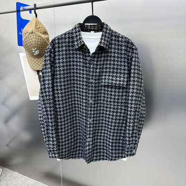 Men's Clothing Spring New Denim Houndstooth Jacquard Shirt Jacket Casual Loose Work Shirt B1CHD1299_voghion.com