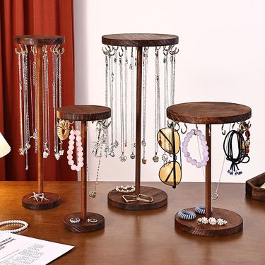 Walnut Color Creative Round Hook Necklace Display Sweater Chain Stall Live Streaming Jewelry Stand Solid Wood_voghion.com