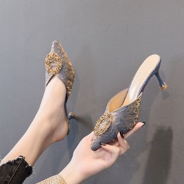 Slippers summer wear half slippers women's 2024 new French rhie high heels stiletto sandals black_voghion.com