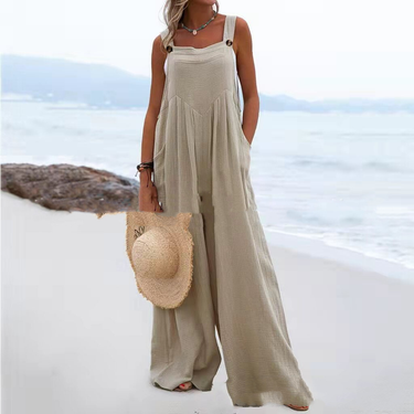Summer New Women's Fashion Ethnic Style Solid Button Strap Jumpsuit Wide Leg Pants C111_voghion.com