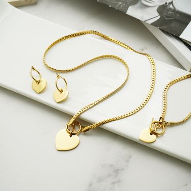 Heart shaped K real gold set of three pieces the beautiful necklace snake bone chain bracelet necklace earrings_voghion.com