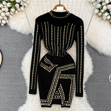 Women's Clothing high end light luxury temperament long sleeved round neck diamond studded waist slimming medium length slit hip wrapped dress_voghion.com