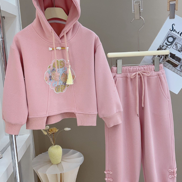 Girls' fashionable western-style suit Spring 2024 national style heavy industry embroidery button hooded sweater_voghion.com