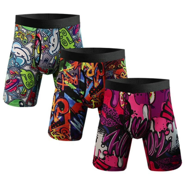NOKO 3-pack Men's Graffiti Print Sports Men's Stretch Knitted Long Version Men's Underwear Side Opening Men's Boxer Briefs_voghion.com