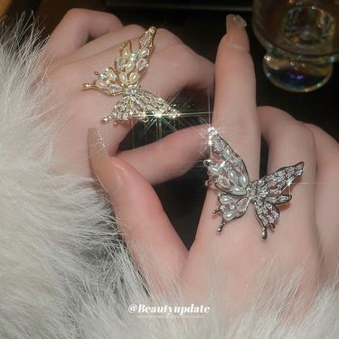 Real Gold Plated Zircon Butterfly Pearl Open Elegant High-end Sense Fashionable Versatile Index Finger Ring Accessory_voghion.com