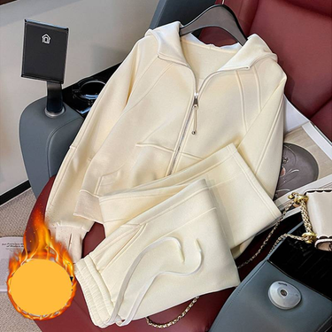 Women's Clothing Casual Sports Suit Women's Autumn And Winter New Fashion Style Plus Velvet Hooded Sweatshirt Wide Leg Pants Two Piece Suit_voghion.com