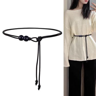 Elegant Slim Accessory Women Leather Rope Waist Chain For Dresses Sweaters Coats Down Jackets Black Versatile Small Belt_voghion.com