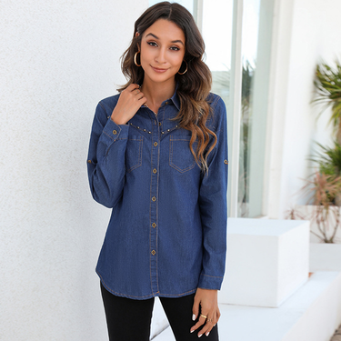 denim solid color temperament commuter long-sleeved cardigan lapel single-breasted denim cardigan_voghion.com